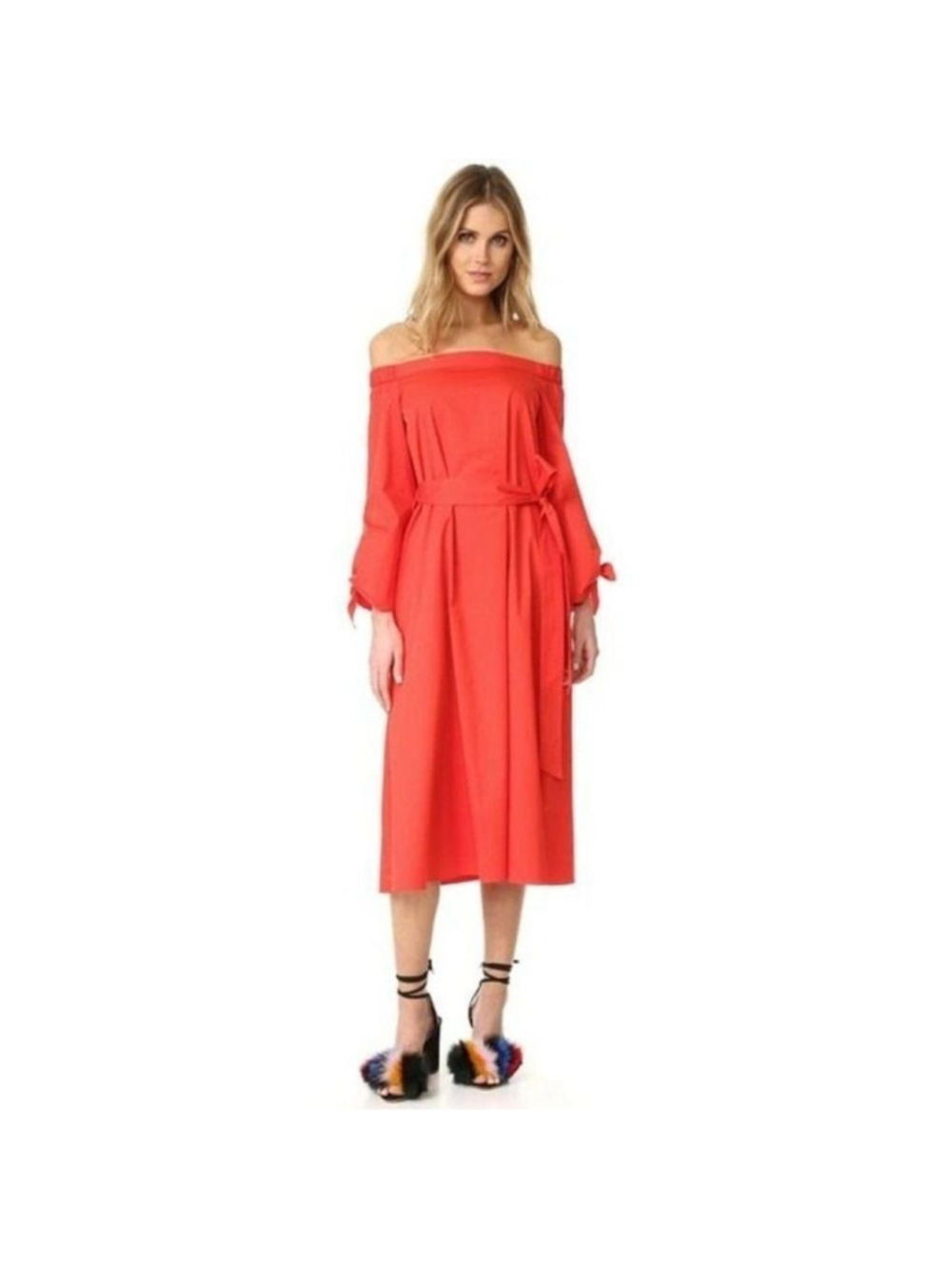 Tibi Off-the-shoulder Cotton-poplin Midi Dress In Ribbon Red 2